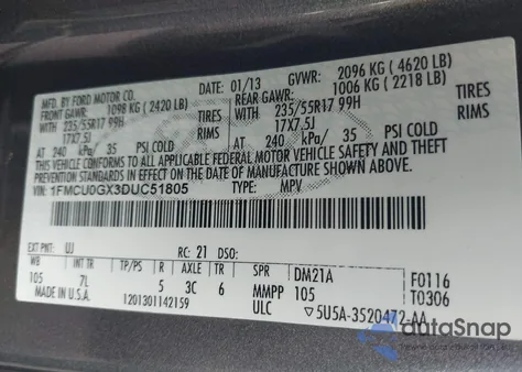 2013 Ford Escape Se from USA, damaged, VIN 1FMCU0GX3DUC51805